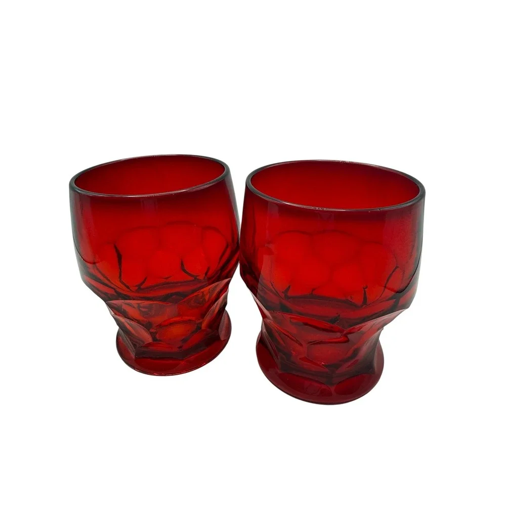 Vintage Ruby Red Textured Faceted Juice Glasses Set of 2 Crimson Tumblers